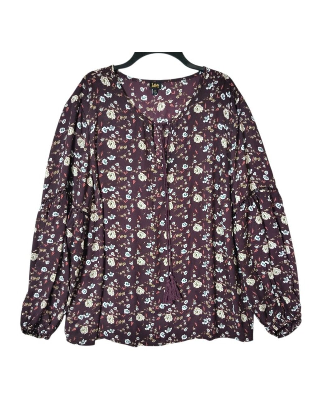 Floral Print V-Neck Blouse Tassel Boho Long Sleeve Lee Women's Size 2X